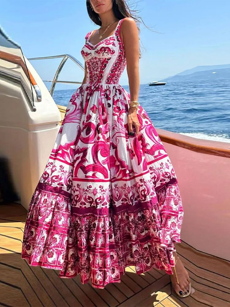 Vestido longo de Alça Estampa Europa - Ferraz