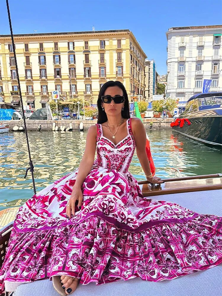 Vestido longo de Alça Estampa Europa - Ferraz