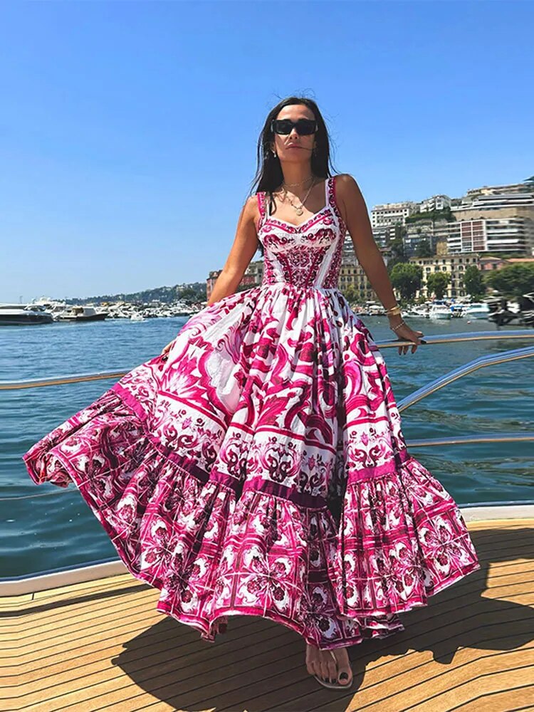 Vestido longo de Alça Estampa Europa - Ferraz